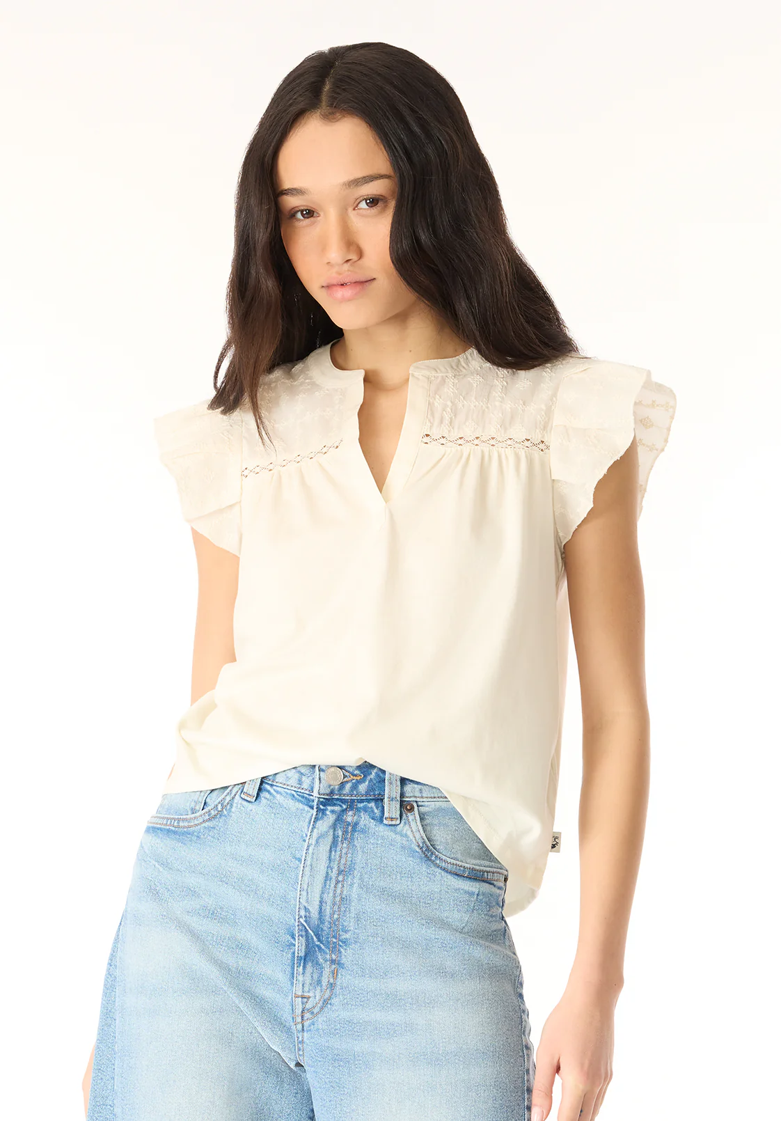 Mckaylie Women's Flutter Sleeve Split Neck Top, Parchment - KT0210P - Image 2
