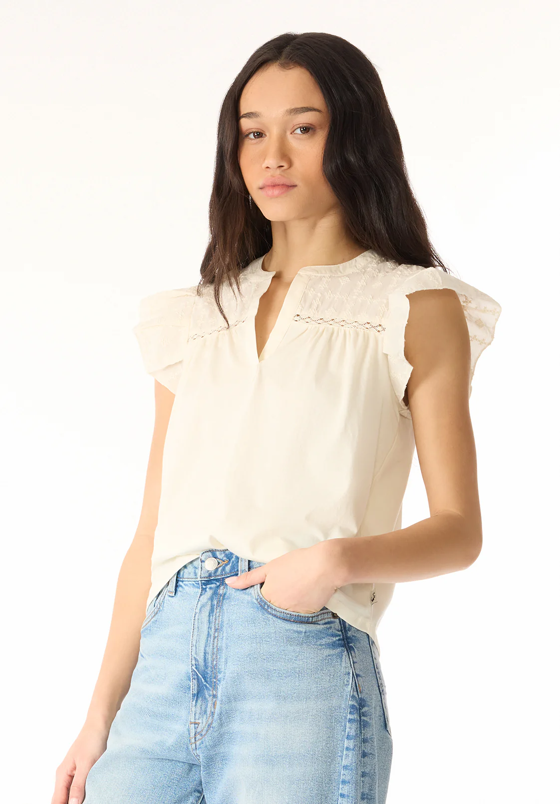 Mckaylie Women's Flutter Sleeve Split Neck Top, Parchment - KT0210P - Image 3