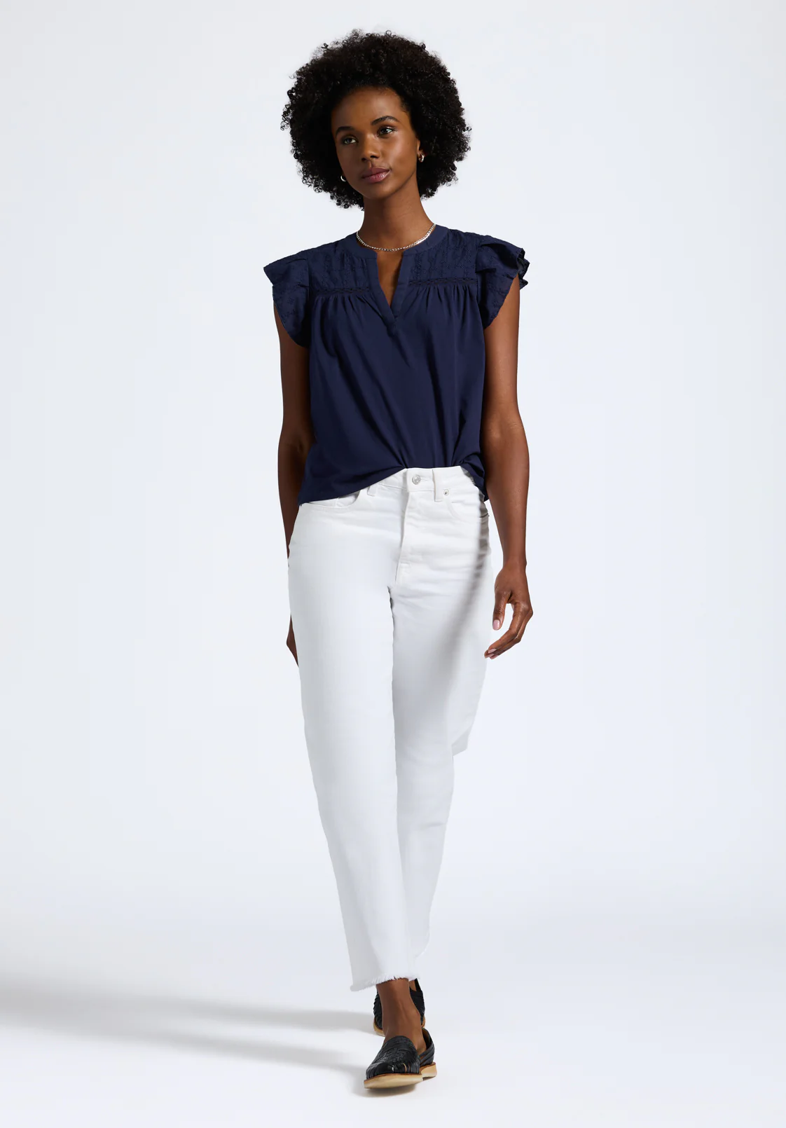 Mckaylie Women's Flutter Sleeve Split Neck Top, Peacoat - KT0210P
