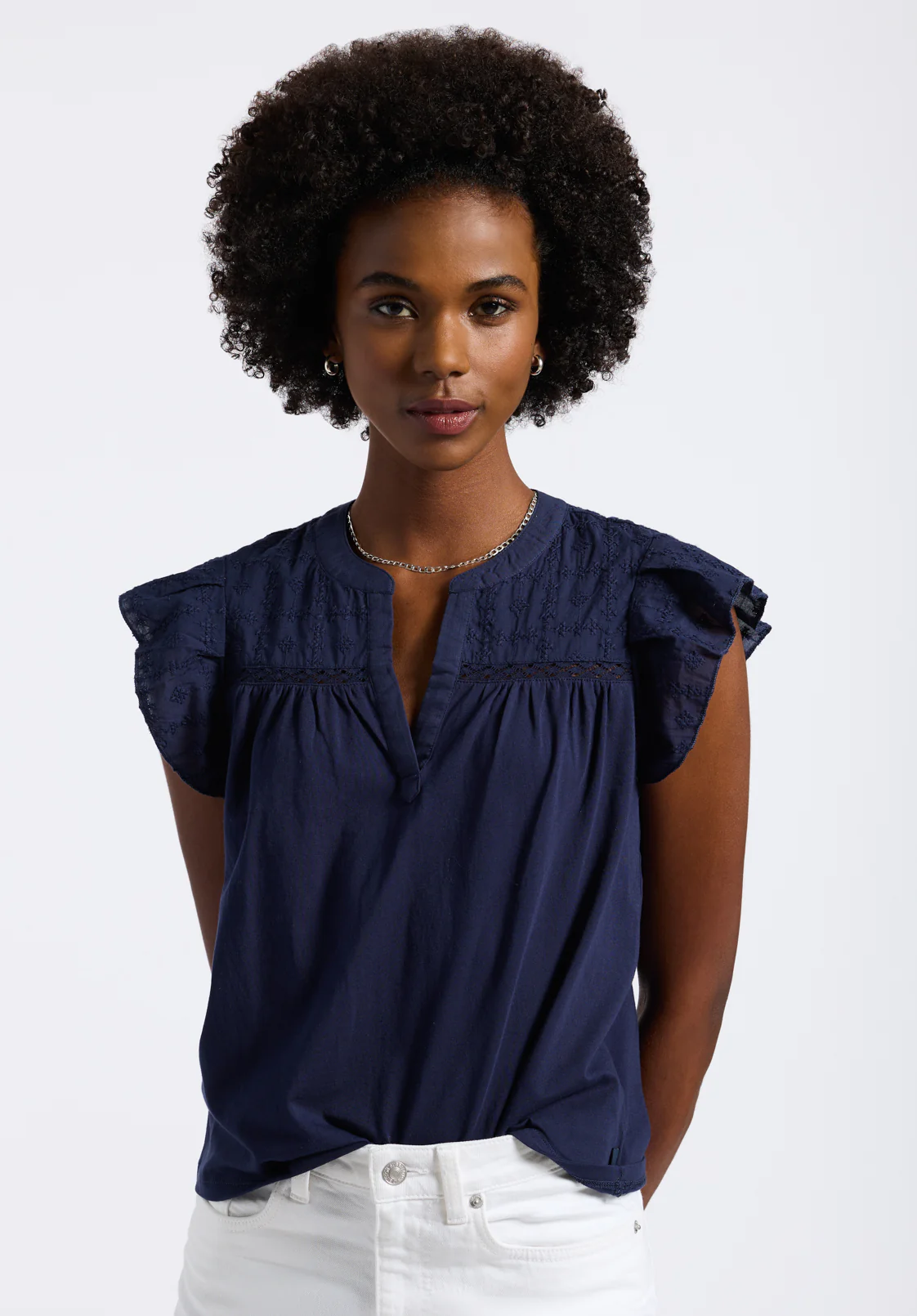 Mckaylie Women's Flutter Sleeve Split Neck Top, Peacoat - KT0210P - Image 2