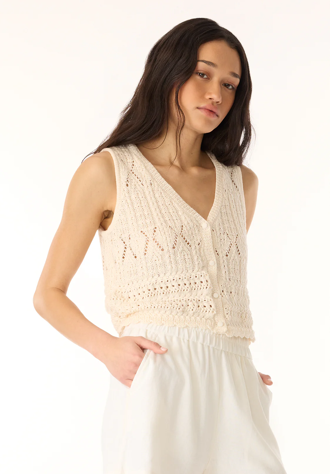 Merrybell Women's Pointelle Knit Button-Down Vest, Egret - SW0114P - Image 2