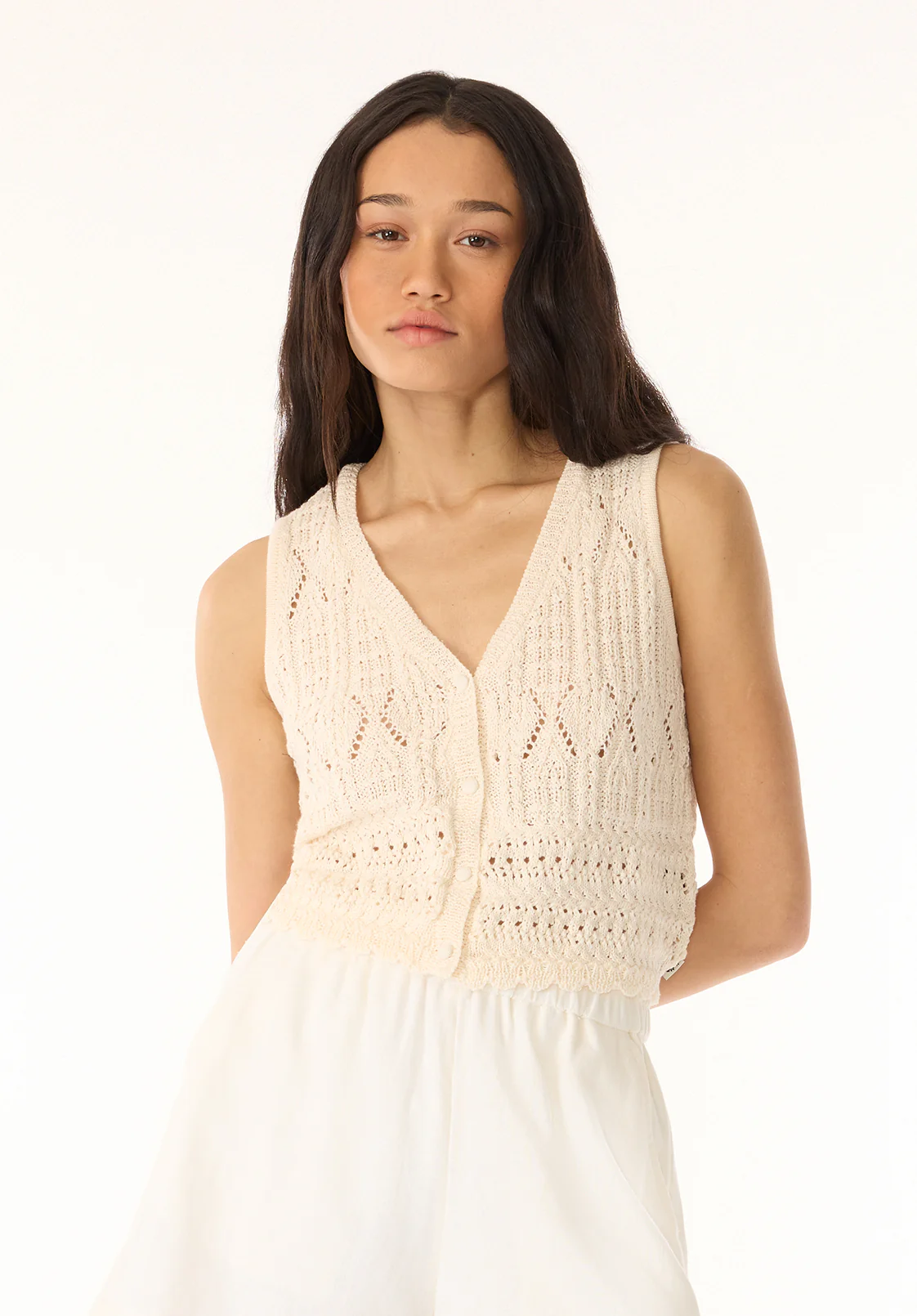 Merrybell Women's Pointelle Knit Button-Down Vest, Egret - SW0114P - Image 4