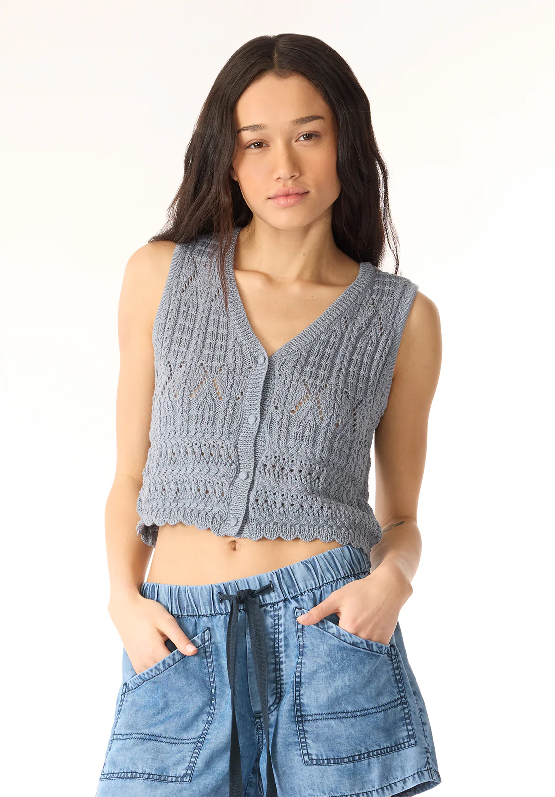 Merrybell Women's Pointelle Knit Button-Down Vest, Bleached Indigo - SW0114P - Image 2