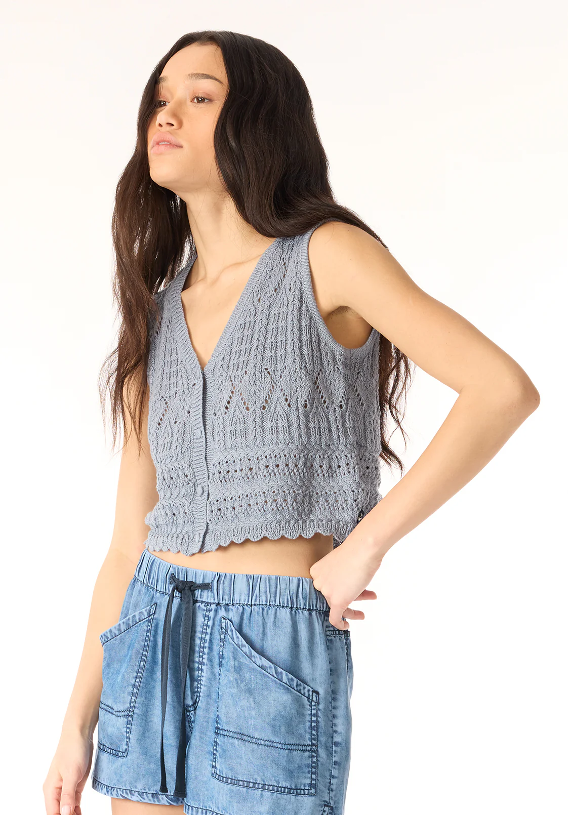 Merrybell Women's Pointelle Knit Button-Down Vest, Bleached Indigo - SW0114P - Image 3