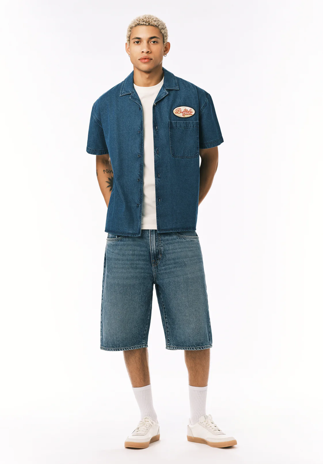 Mick Men's Wide Leg Denim Short, Distressed Blue - BM26203