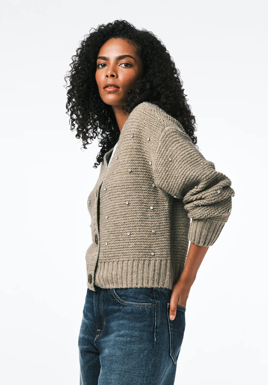 Odilia Women's Embellished Knit Cardigan, Dk Green - SW0163 - Image 3