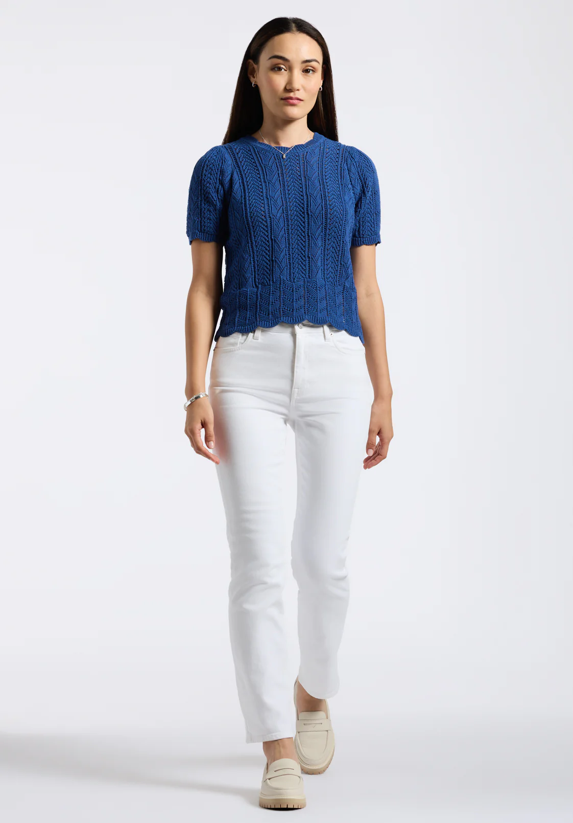 Posey Women's Short Sleeve Crochet Knit Sweater, Navy - SW0108P