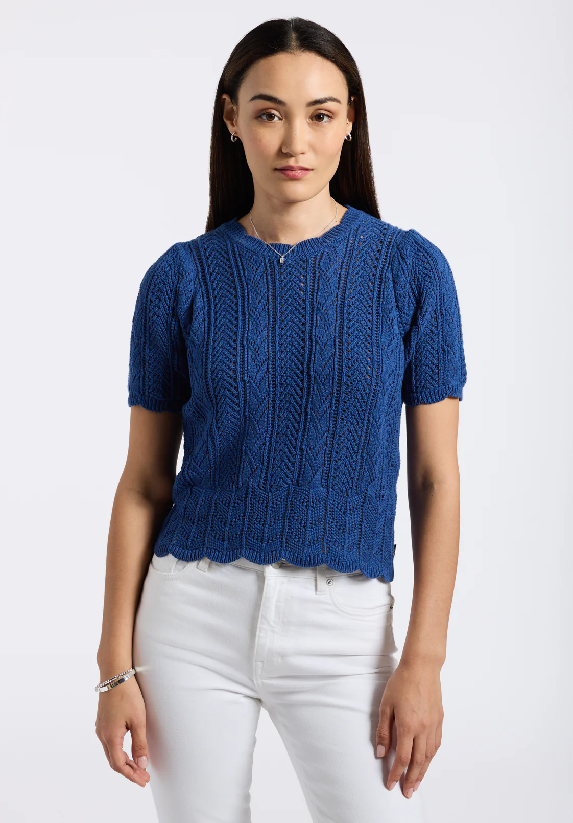 Posey Women's Short Sleeve Crochet Knit Sweater, Navy - SW0108P - Image 2