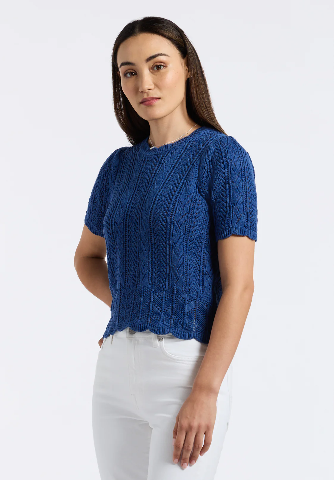 Posey Women's Short Sleeve Crochet Knit Sweater, Navy - SW0108P - Image 3