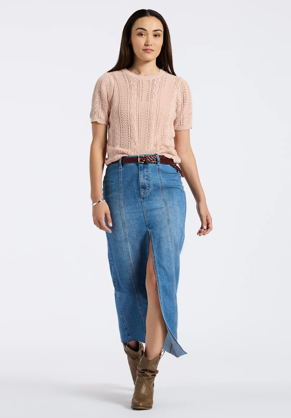 Posey Women's Short Sleeve Crochet Knit Sweater, Cameo Rose - SW0108P