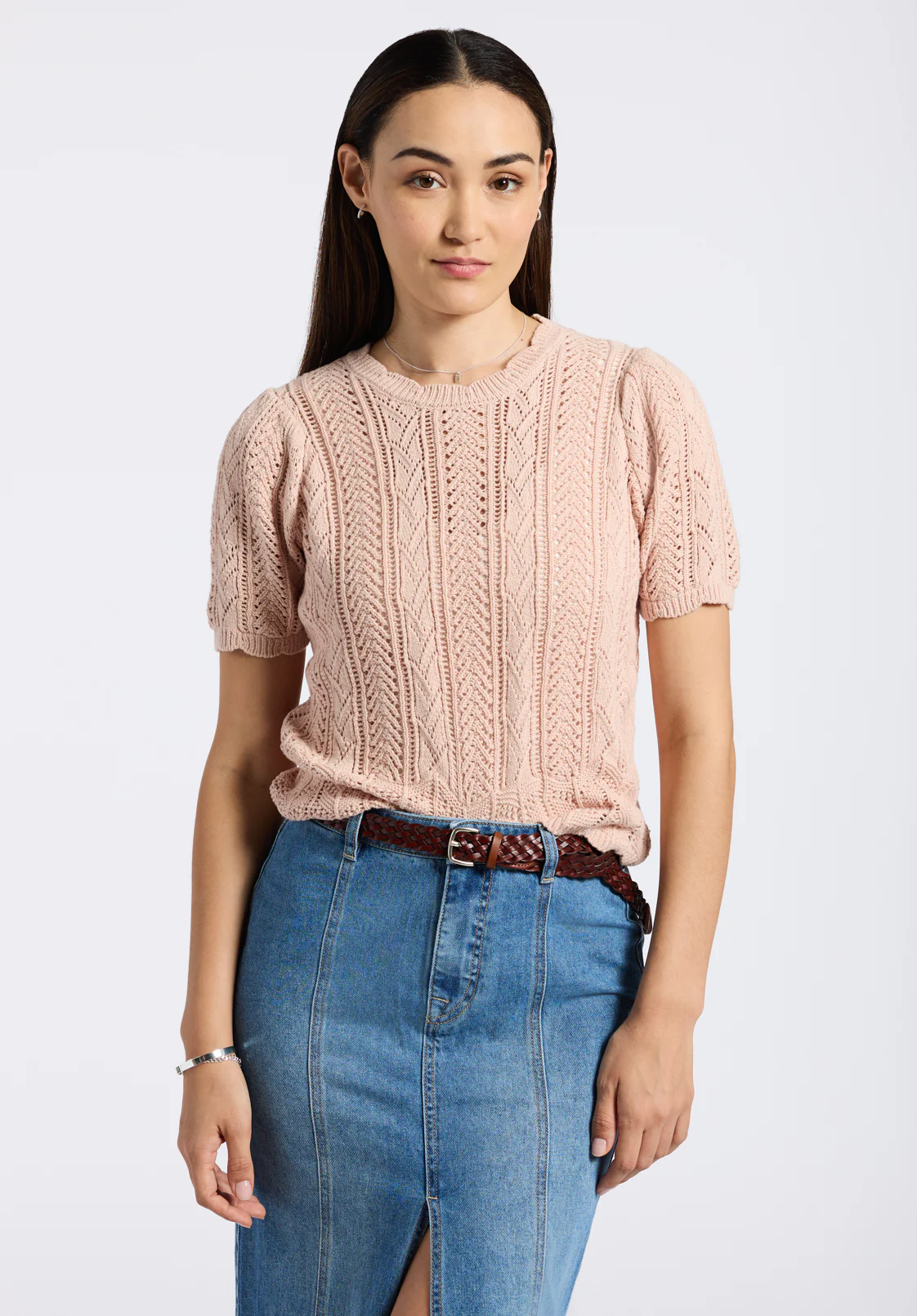Posey Women's Short Sleeve Crochet Knit Sweater, Cameo Rose - SW0108P - Image 2