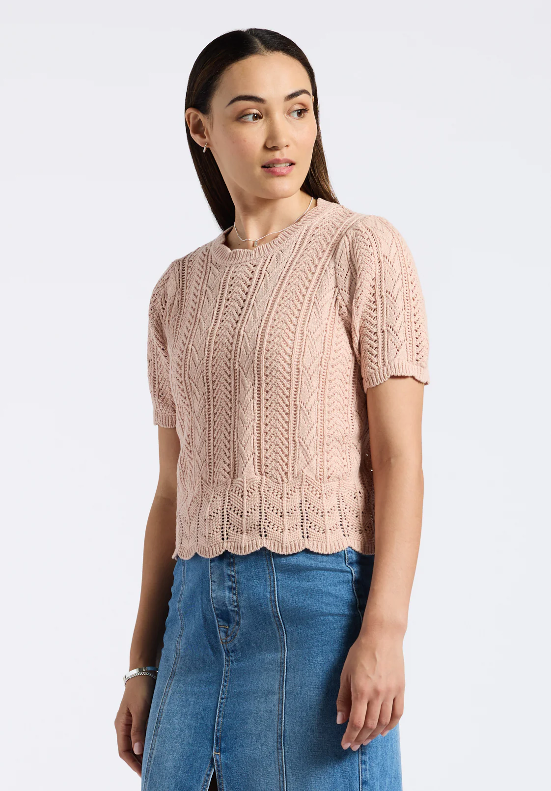 Posey Women's Short Sleeve Crochet Knit Sweater, Cameo Rose - SW0108P - Image 3