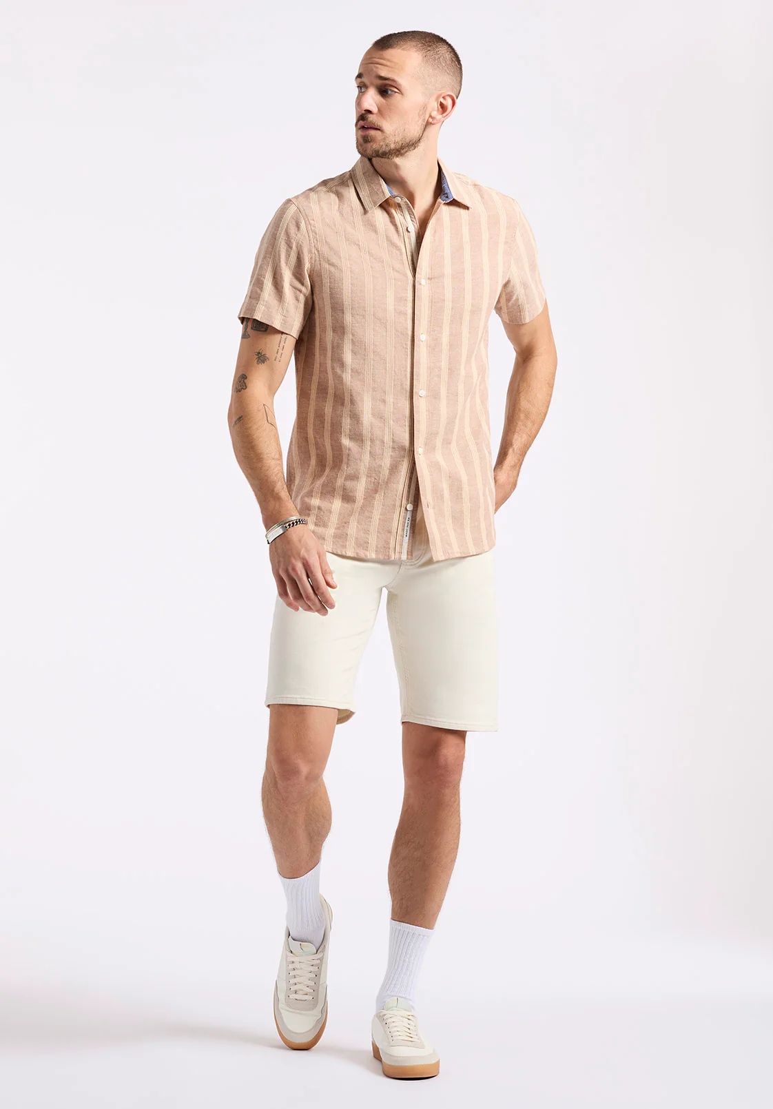 Sagrino Men's Short Sleeve Striped Shirt, Woodsmoke - BM24564