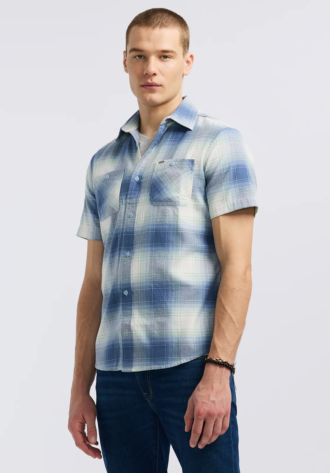Sagrino Men's Short Sleeve Plaid Shirt, Moonlight Blue - BM24618 - Image 3
