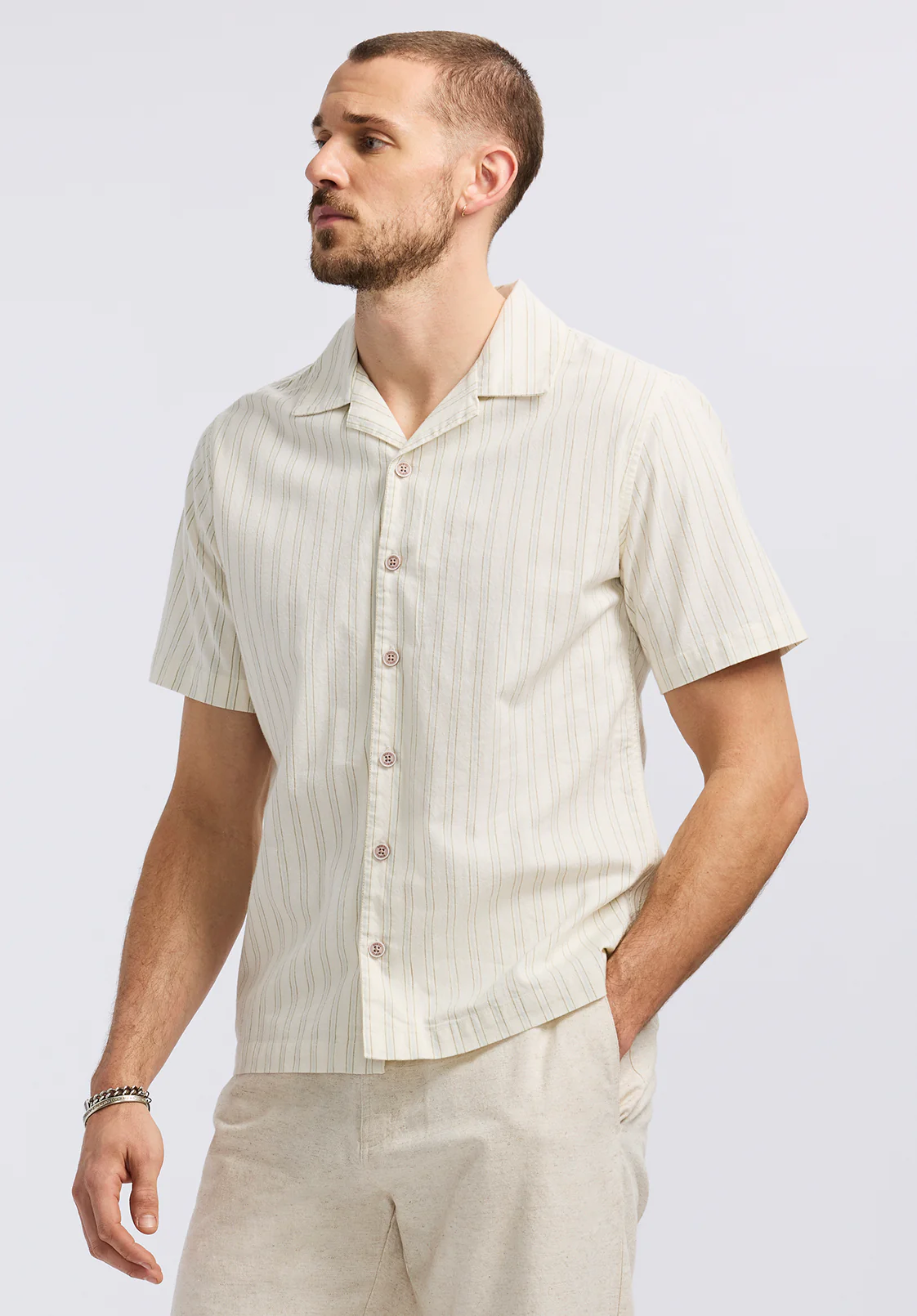 Salaman Men's Short Sleeve Striped Camp Shirt, Green Olive - BM24619 - Image 3