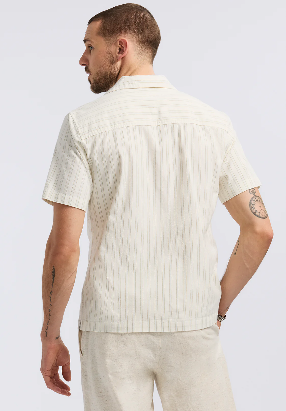 Salaman Men's Short Sleeve Striped Camp Shirt, Green Olive - BM24619 - Image 4