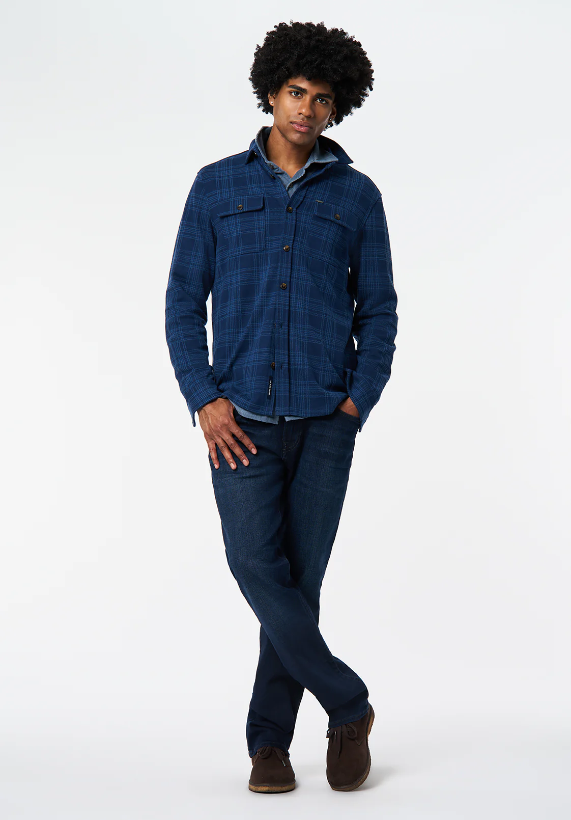 Samme Men's Long Sleeve Plaid Blanket Shirt, Midnight Blue - BM24691