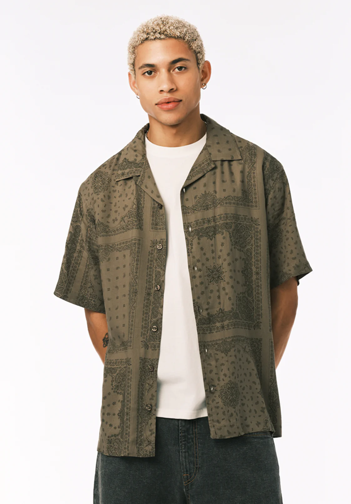 Sandro Men's Short Sleeve Printed Camp Shirt, Army Green - BM24781 - Image 2