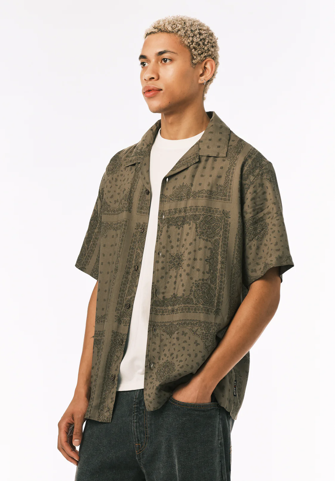 Sandro Men's Short Sleeve Printed Camp Shirt, Army Green - BM24781 - Image 3