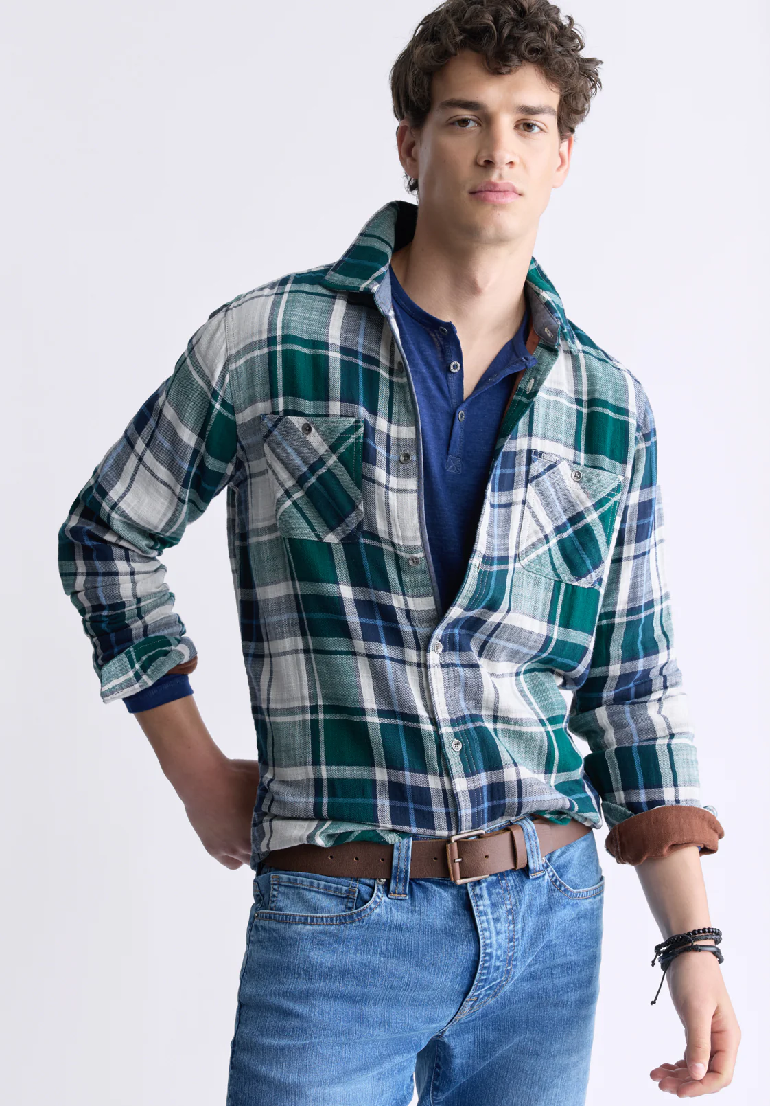 Saolo Men's Long Sleeve Plaid Shirt, Rain Forest - BM24425 - Image 3