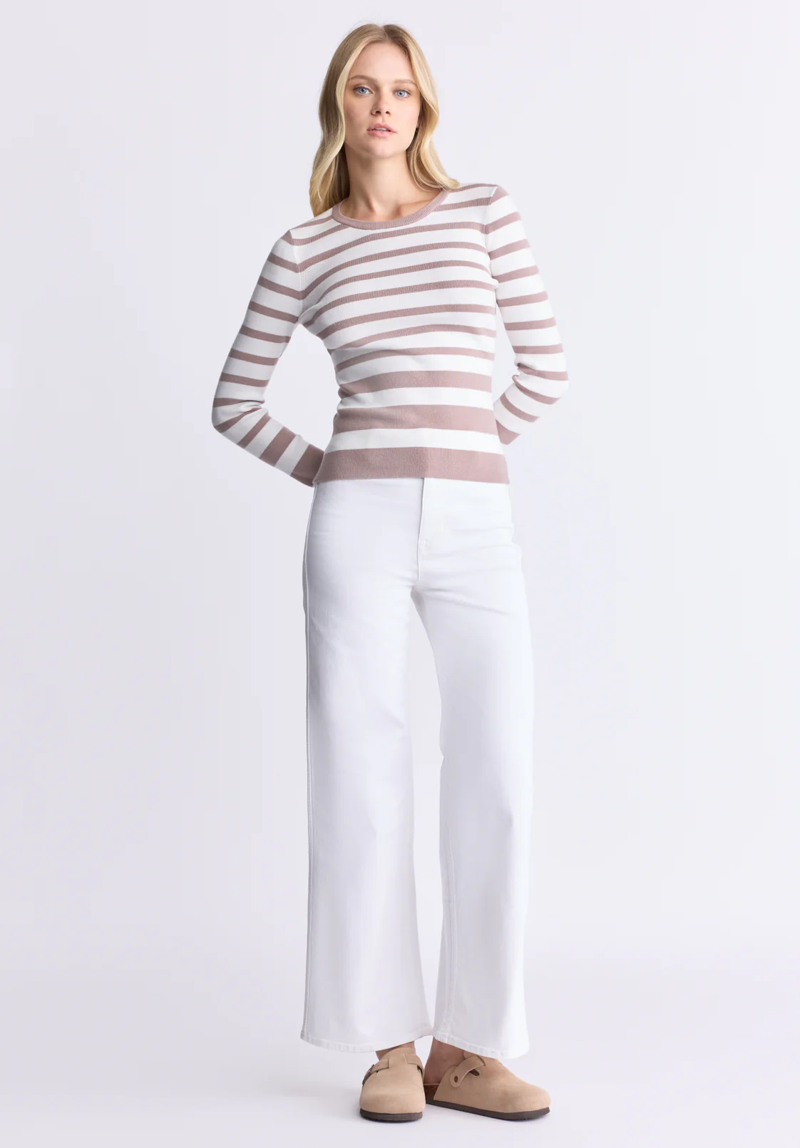 Scotlyn Women's Fitted Striped Sweater, Tan - SW0103H