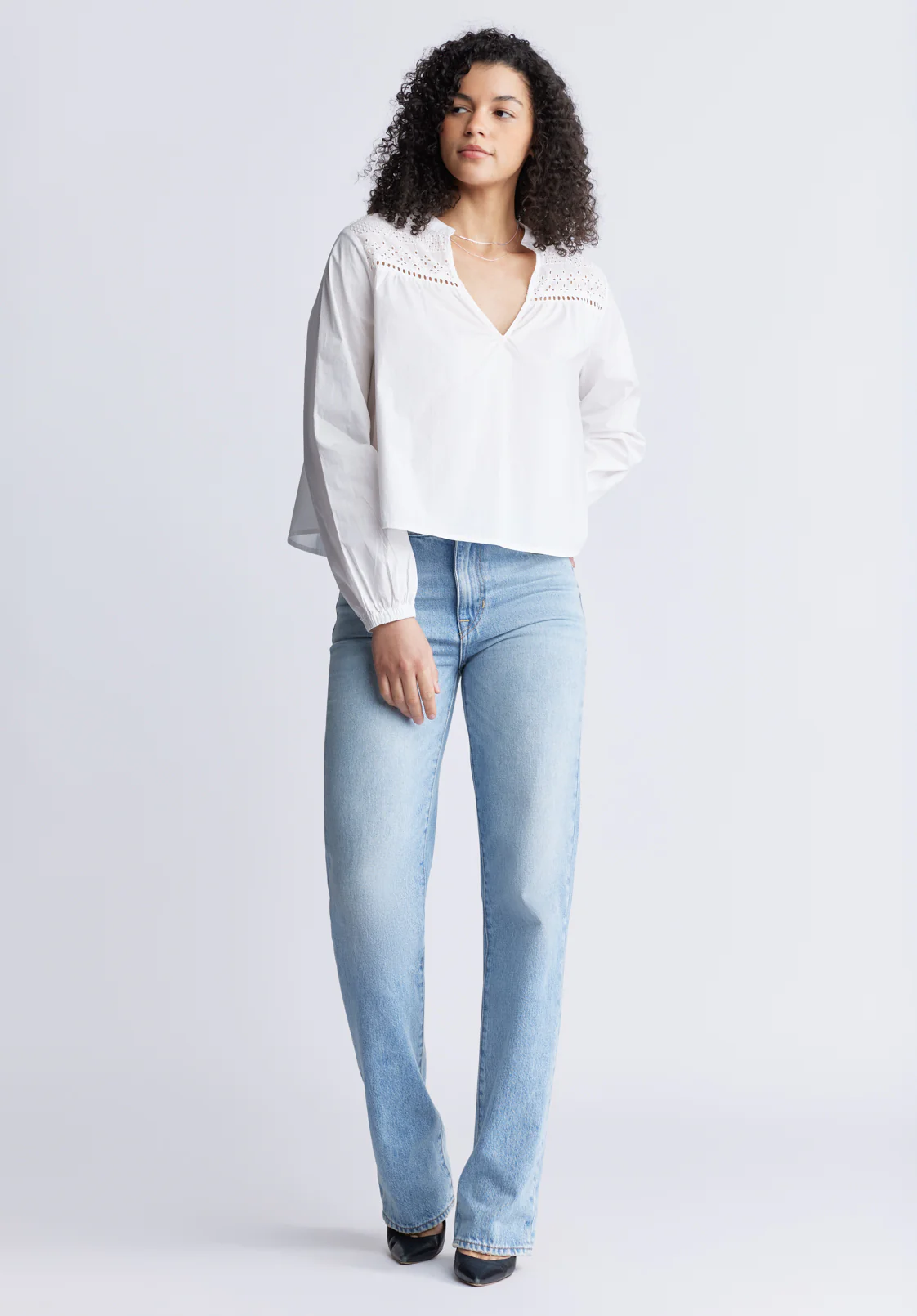 Selyse Women's Eyelet Yoke Split-Neck Blouse, White - WT0117S