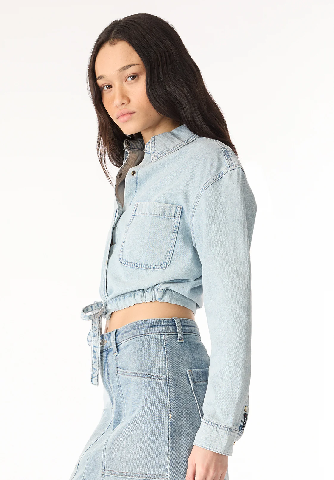Serena Women's Long-Sleeve Cropped Denim Shirt, Bleached Down - BL16021 - Image 3