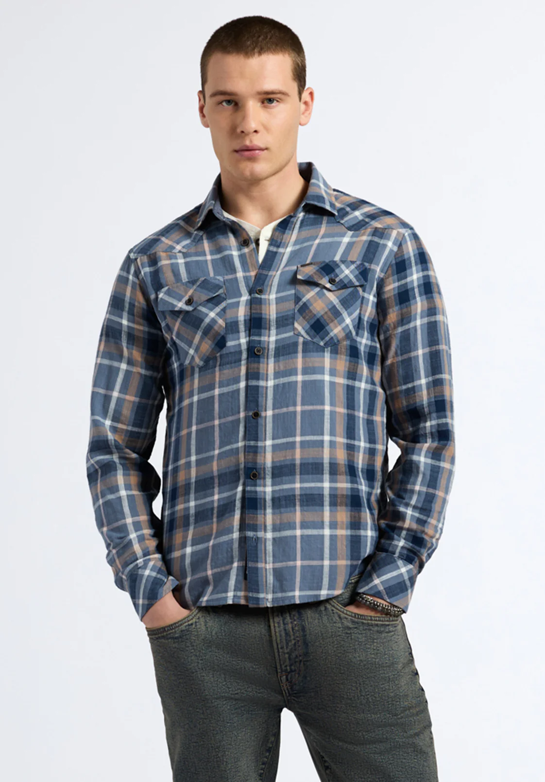 Sierra Men's Long Sleeve Plaid Shirt, Moonlight Blue - BM24551 - Image 3