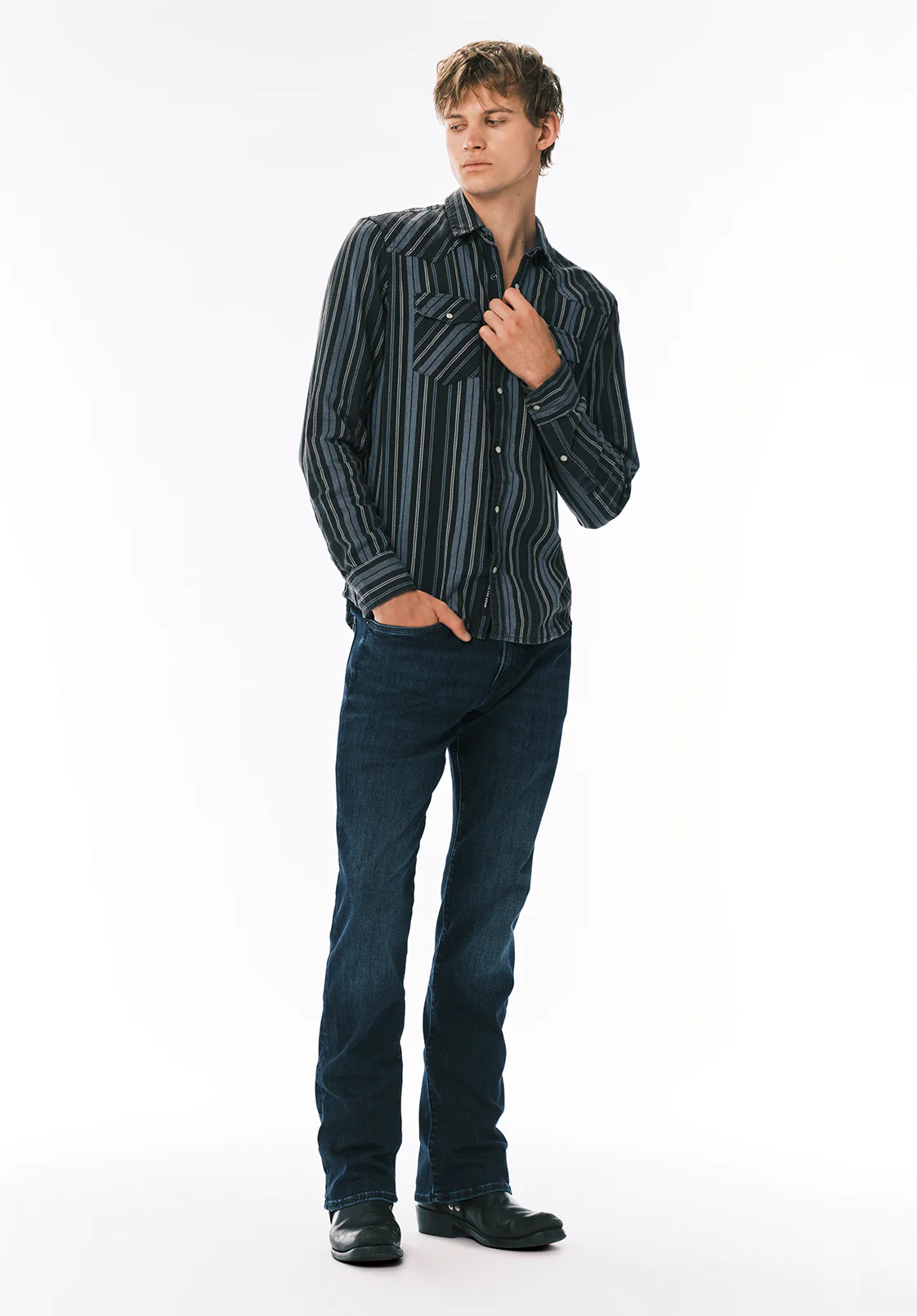 Sierra Men's Long Sleeve Western Striped Shirt, Midnight Blue - BM24751