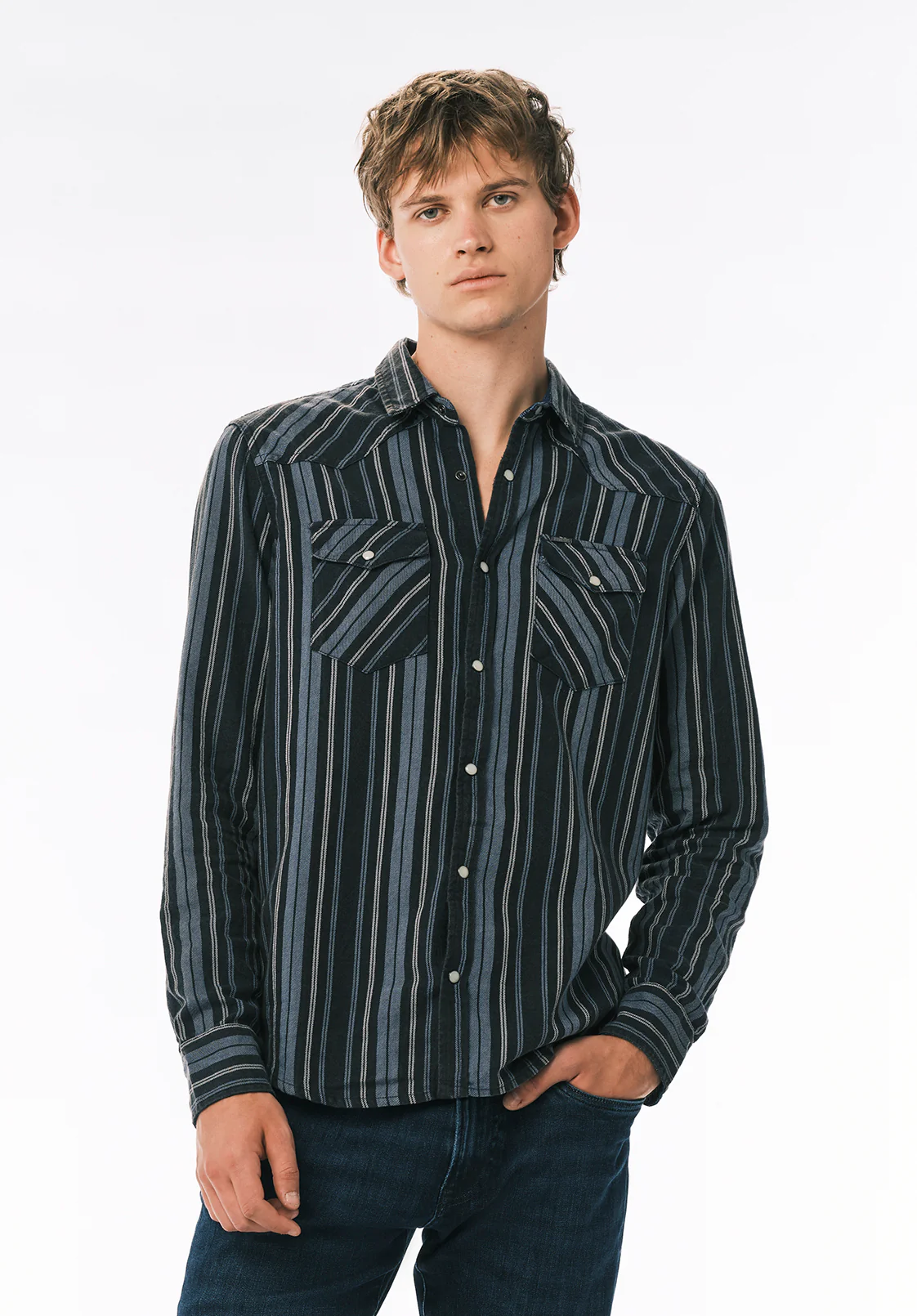 Sierra Men's Long Sleeve Western Striped Shirt, Midnight Blue - BM24751 - Image 2