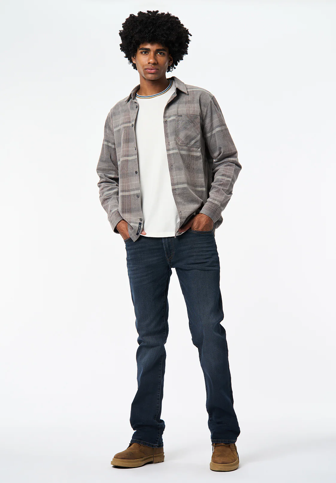 Sinclair Men's Long Sleeve Plaid Corduroy Shirt, Gray Pinstripe - BM24693