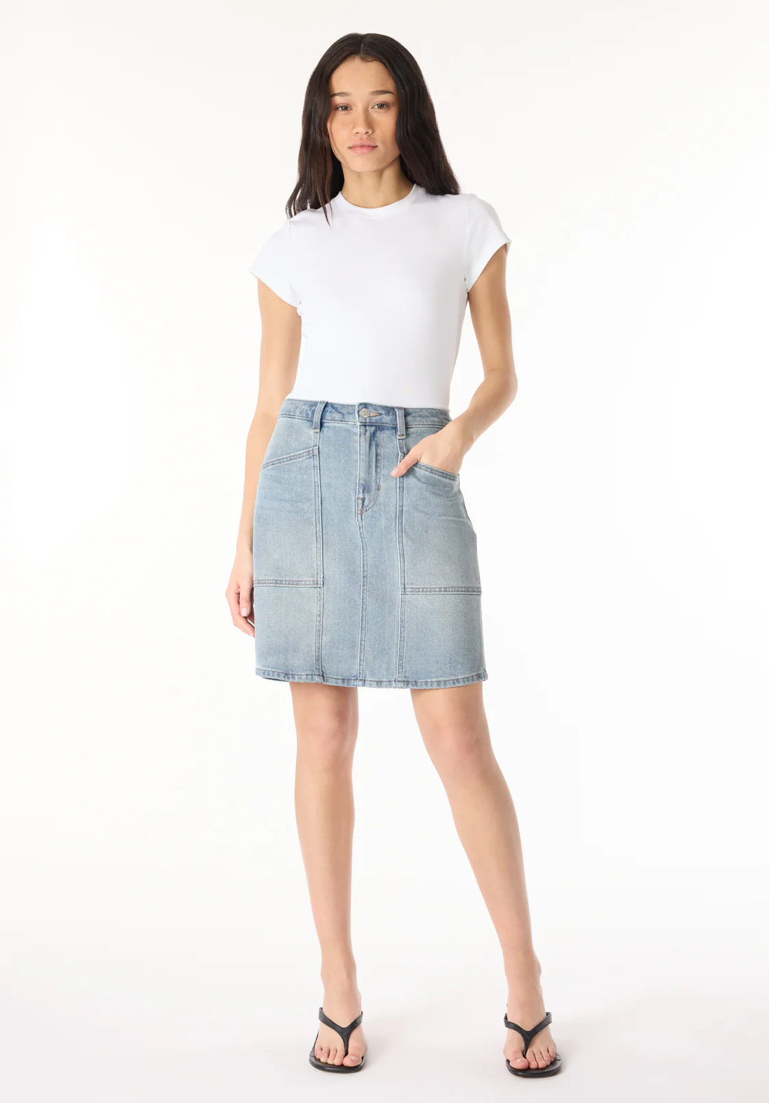 Sophia Women's High Waist Mid Length Denim Skirt, Contrasted Blue - BL16022