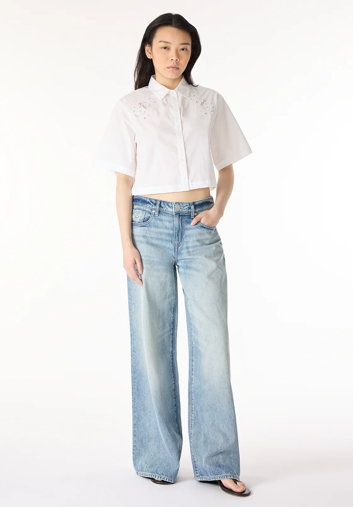 Sorcha Women's Short Sleeve Lace Detail Button-Up Blouse, White - WT0158P