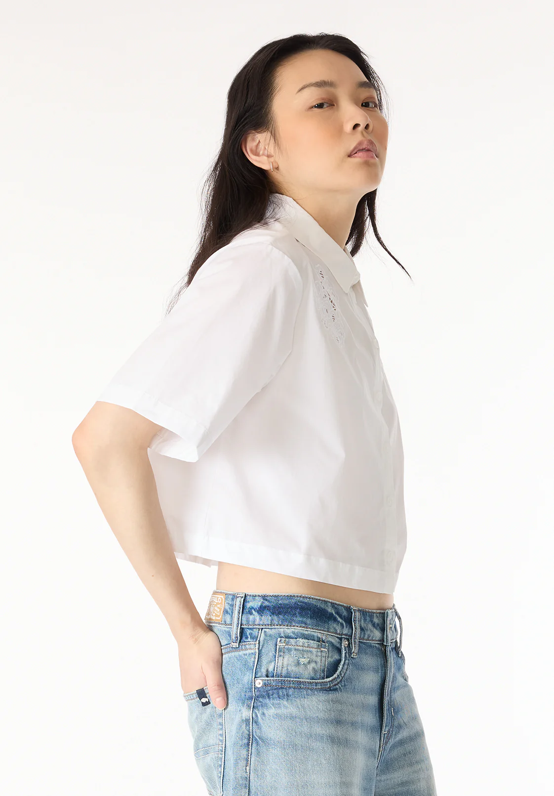 Sorcha Women's Short Sleeve Lace Detail Button-Up Blouse, White - WT0158P - Image 3