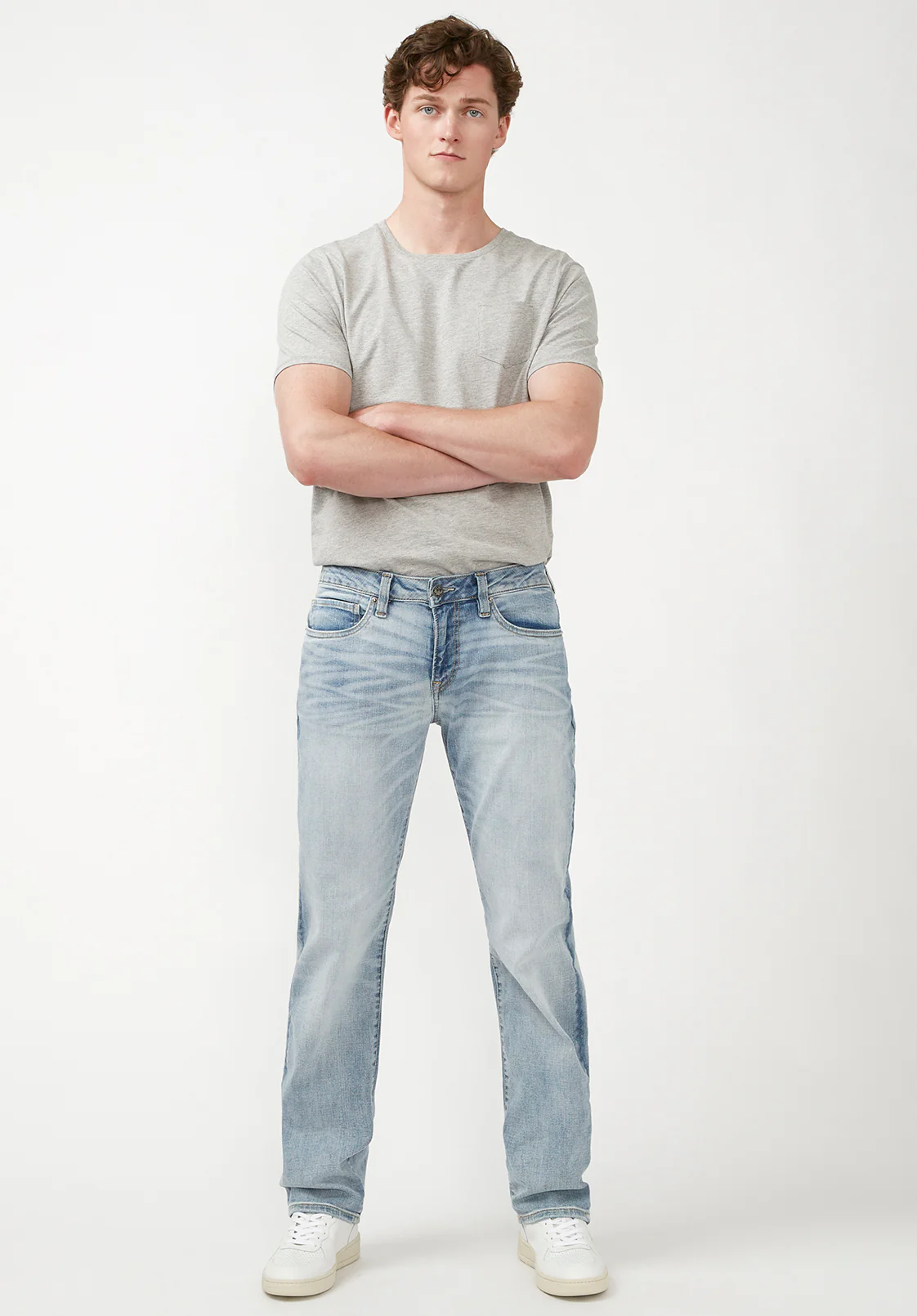 Six Men's Straight Jeans, Crinkled Mid Blue - BM22762 - Image 5