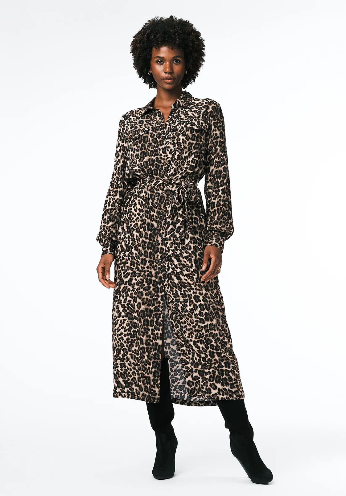 Sunnie Women's Long Sleeve Belted Shirt Dress, Leopard - WD0109
