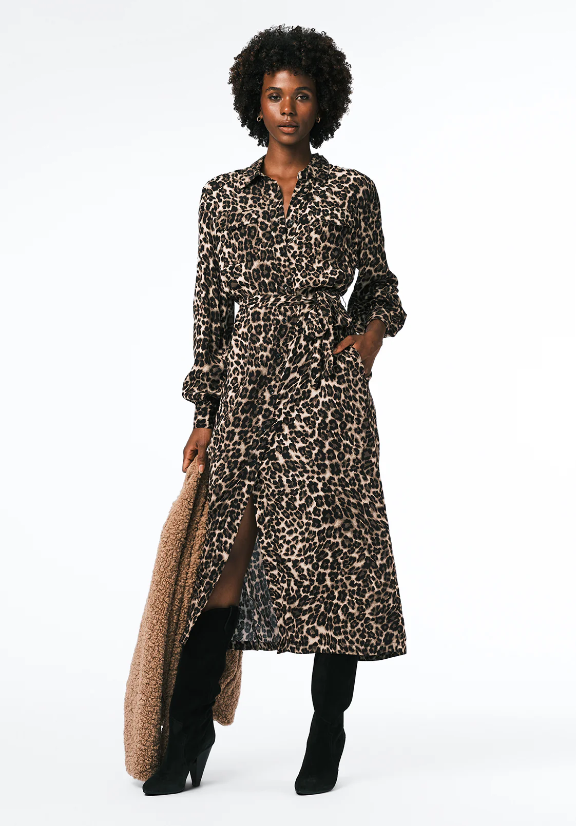 Sunnie Women's Long Sleeve Belted Shirt Dress, Leopard - WD0109 - Image 4