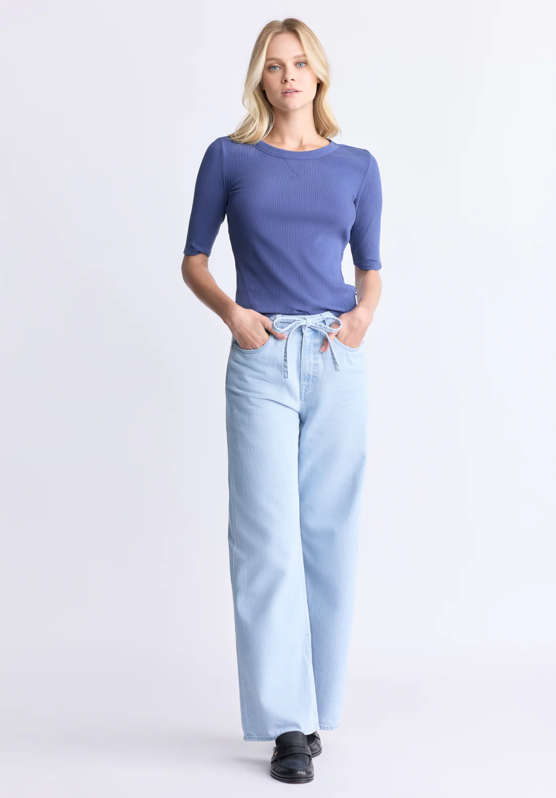 Tabbey Women's Elbow Sleeve Ribbed Knit Top, Skipper Blue - KT0172H