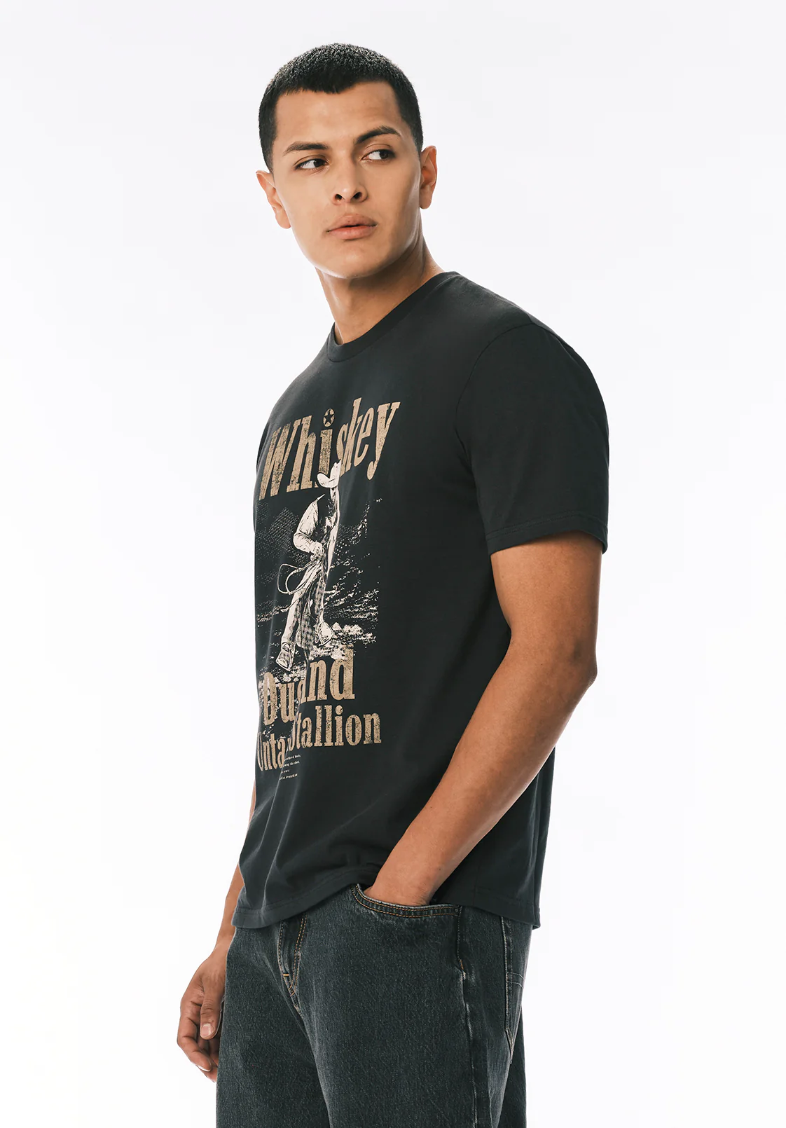 Tafo Men's Whiskey Cowboy Print Graphic Tee, Black - BM24819 - Image 3