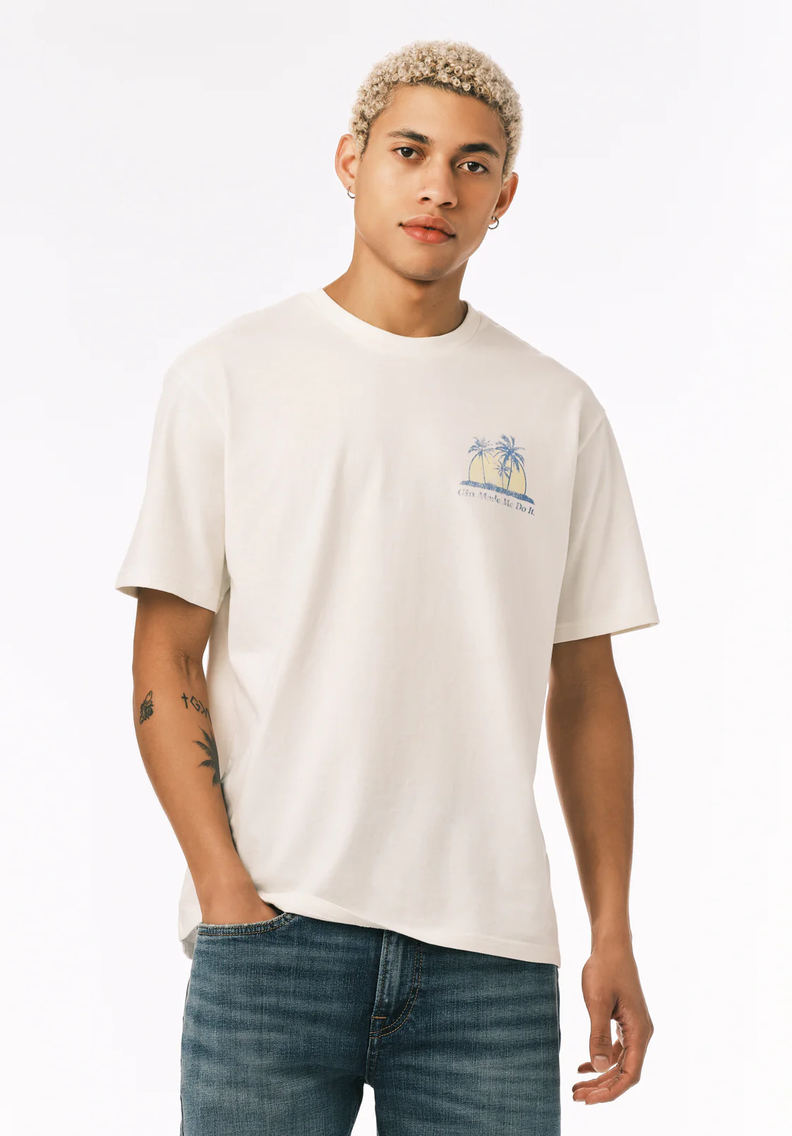 Tazro Men's Tropical Palm And Gin Print Graphic Tee, Milk - BM24834 - Image 3