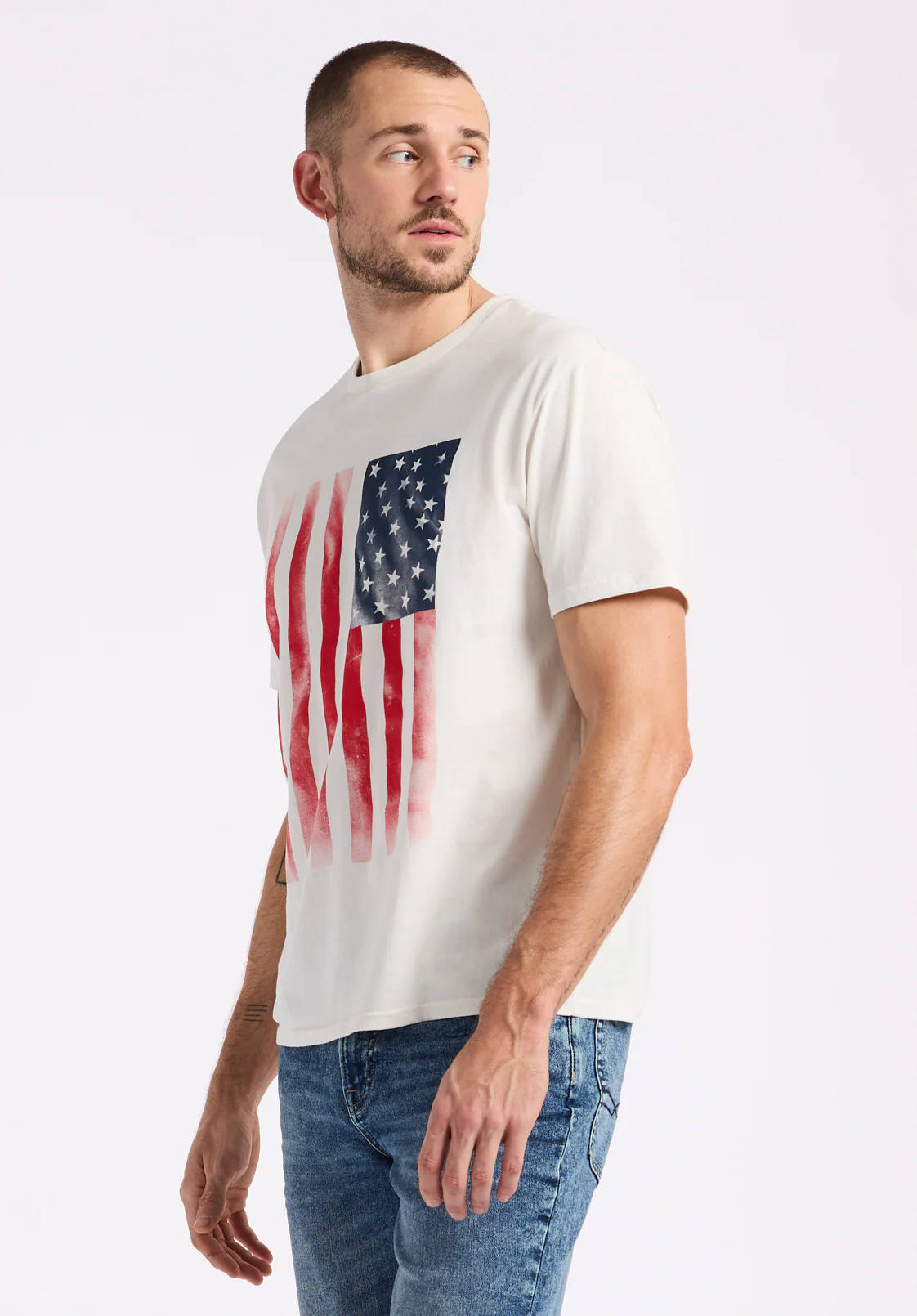 Tusaf Men's American Flag Print Graphic Tee, Milk - BM24648 - Image 3
