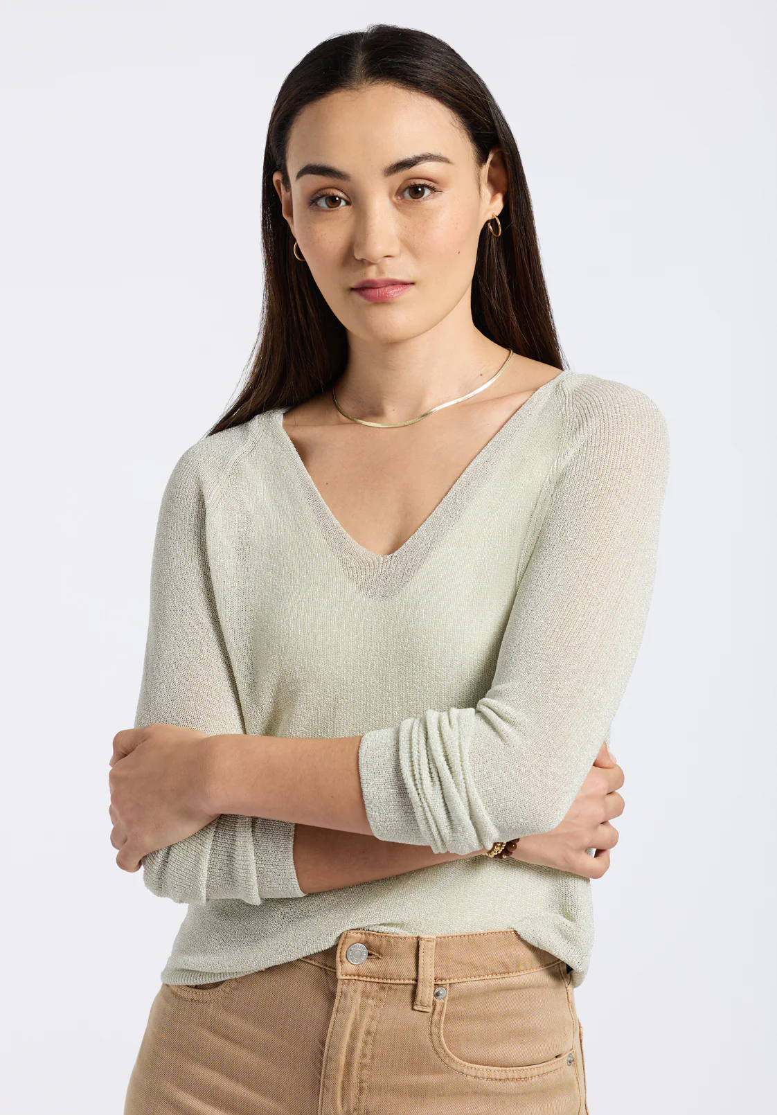 Valencianna Women's V-Neck Lightweight Sweater, Flax - SW0126P - Image 4