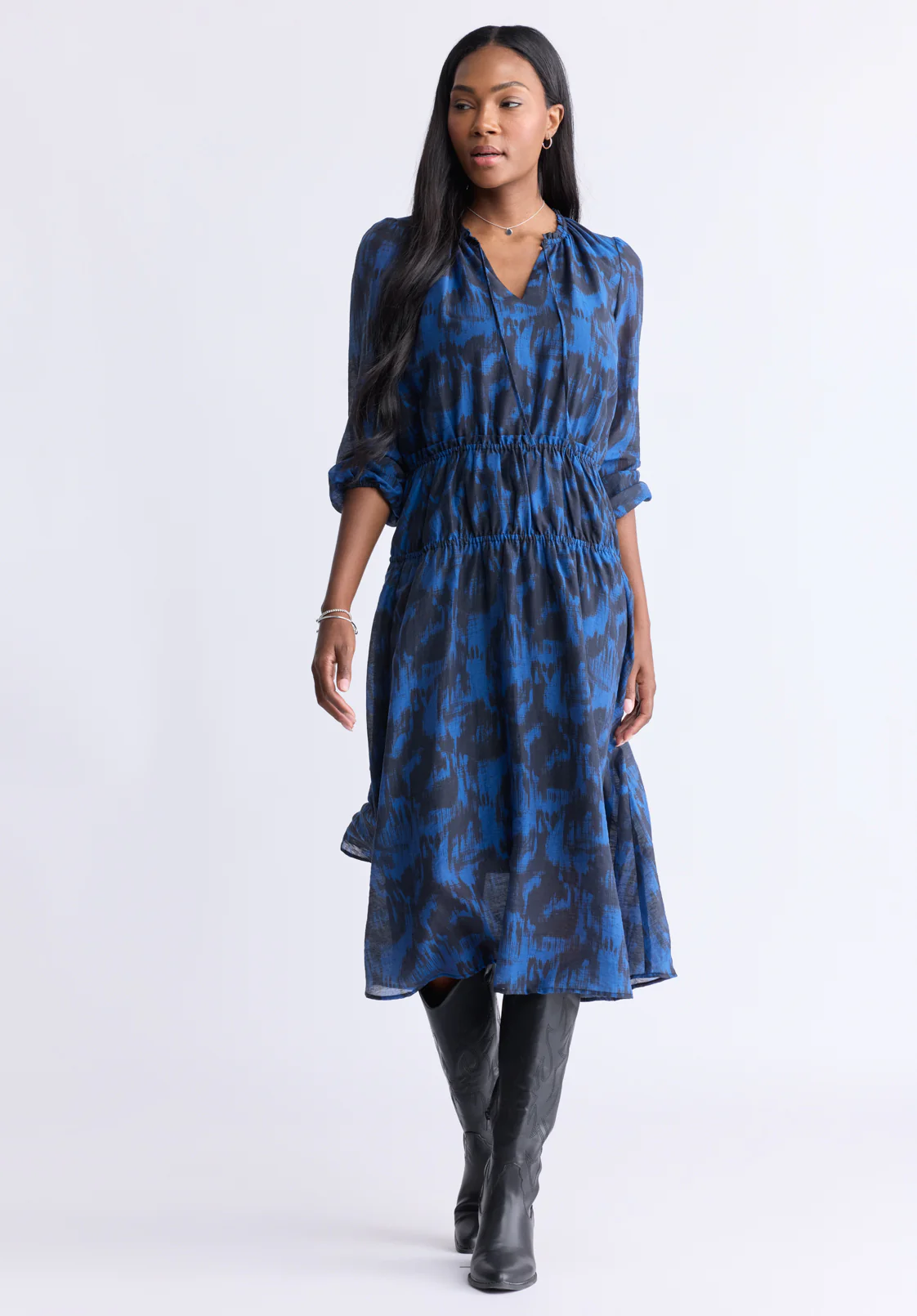 Virlen Women’s Long Sleeve Printed Midi Dress, Navy - WD0062F - Image 4