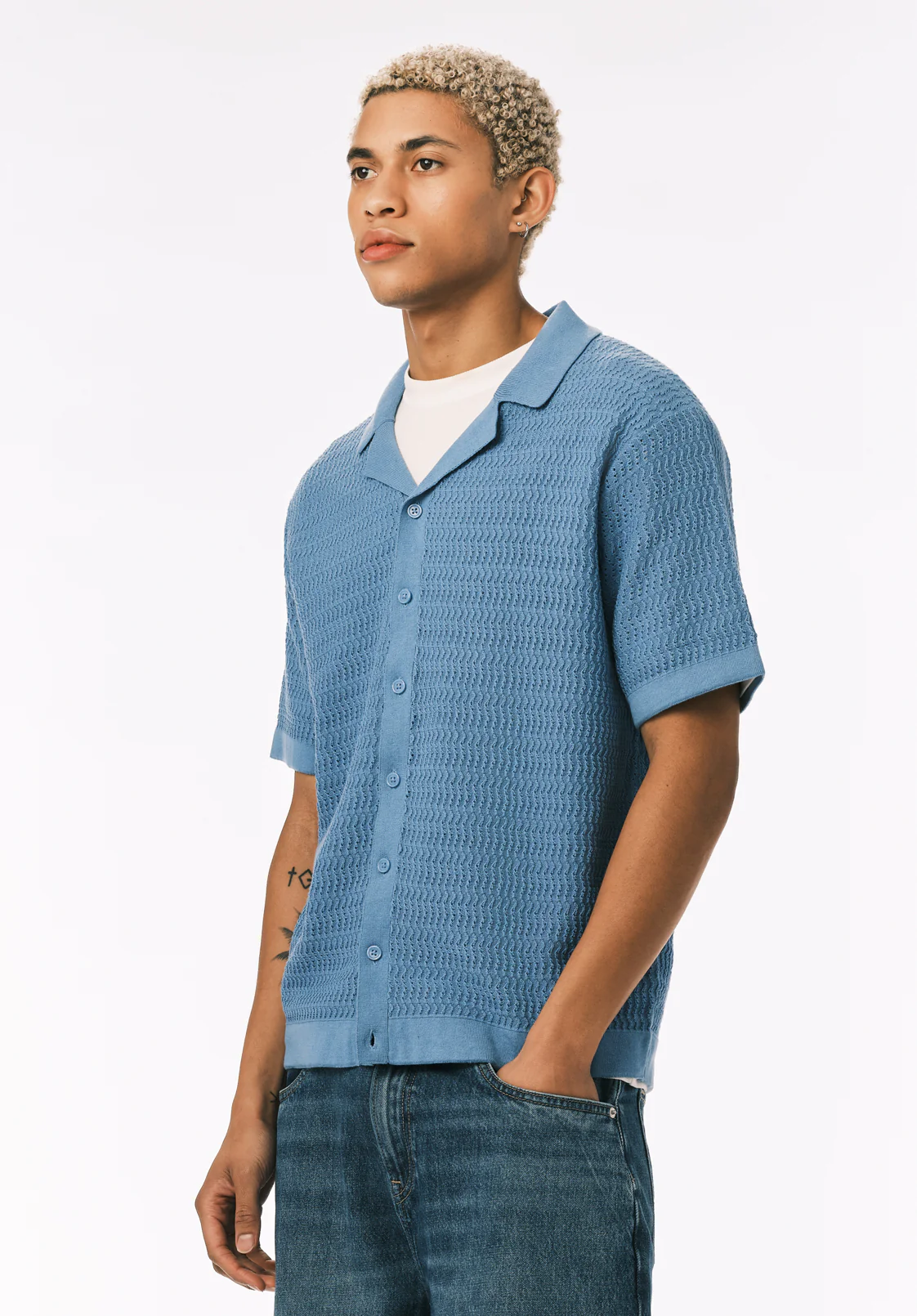 Waldir Men's Short Sleeve Sweater Shirt, Silver Lake Blue - BM24795 - Image 3