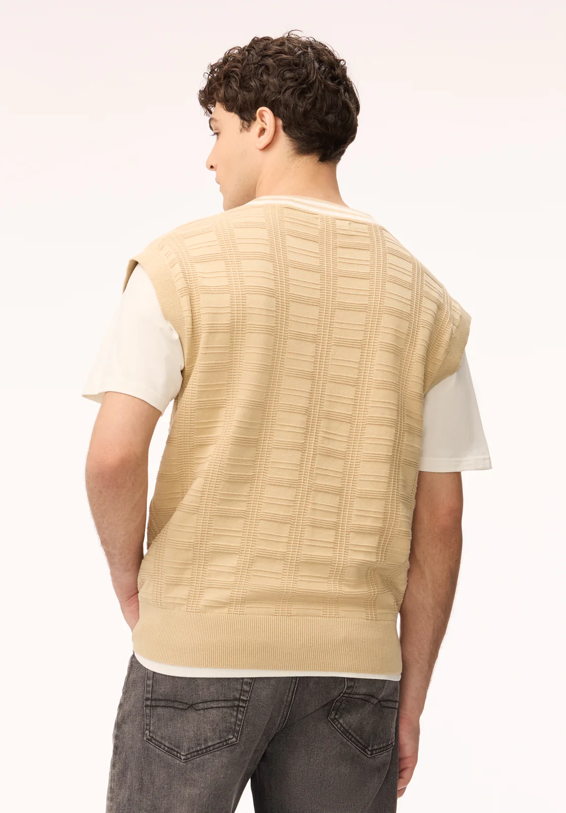Wallo Men's V-Neck Sweater Vest, Pale Khaki - BM24887 - Image 3