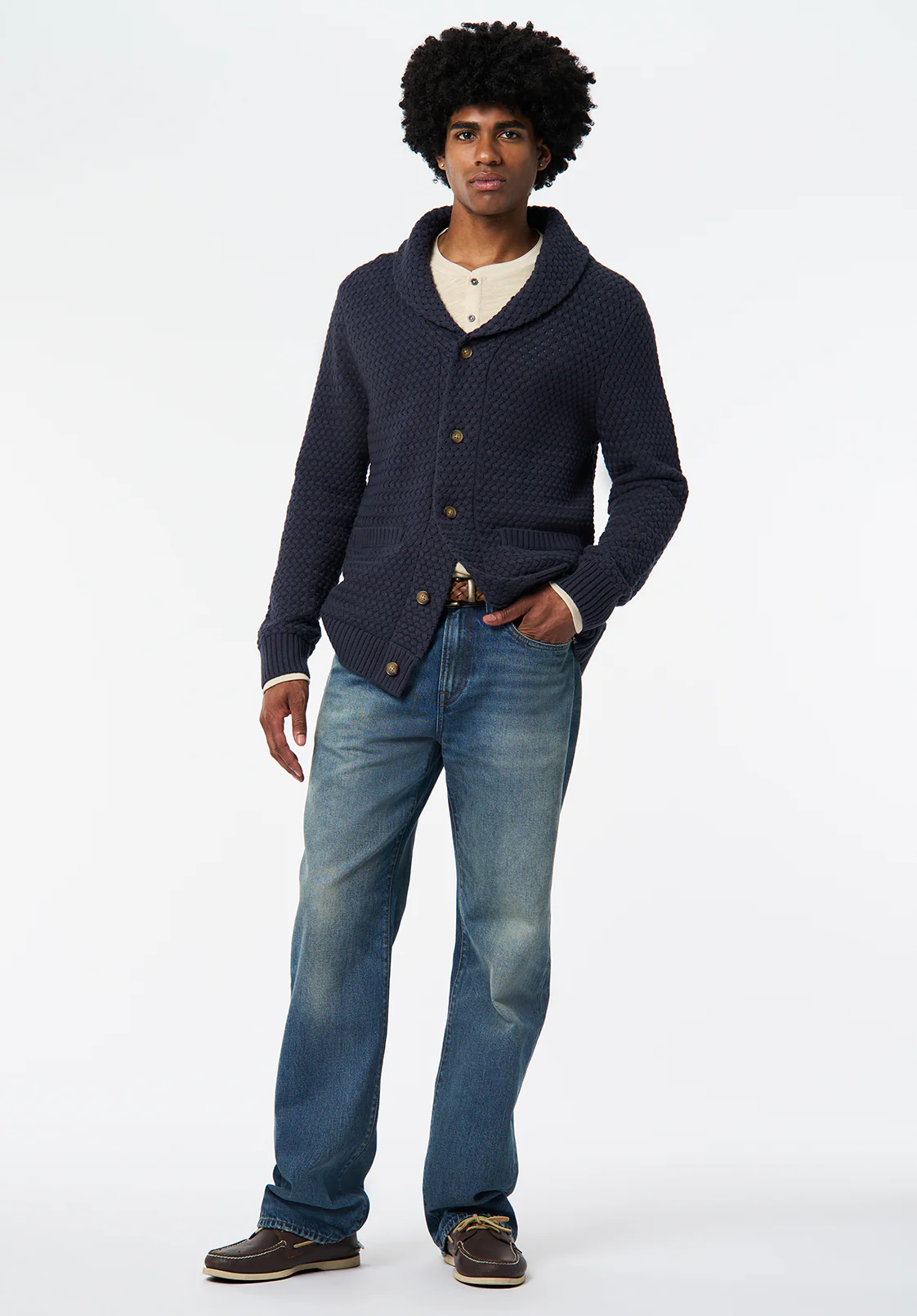 Wendell Men's Textured Shawl Collar Relaxed Cardigan, Whale - BM24697