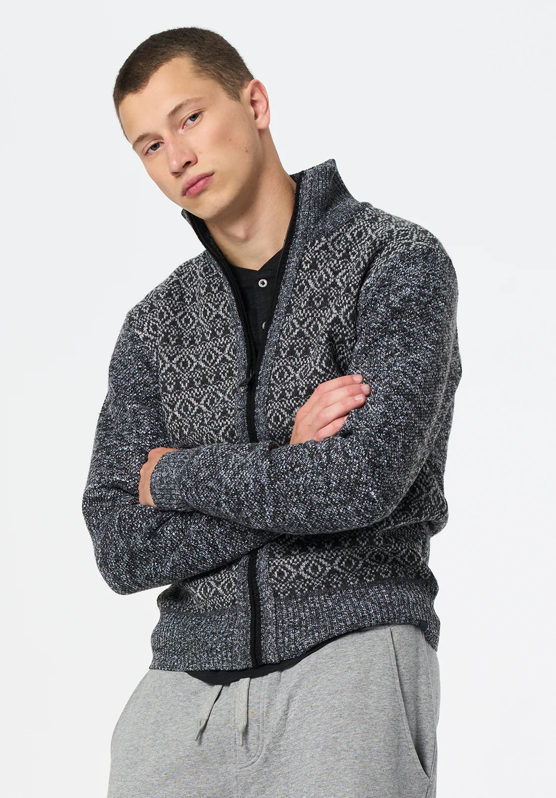 Winlow Men's Lined Fair Isle Full-Zip Sweater, Heather Grey - BM24749 - Image 4
