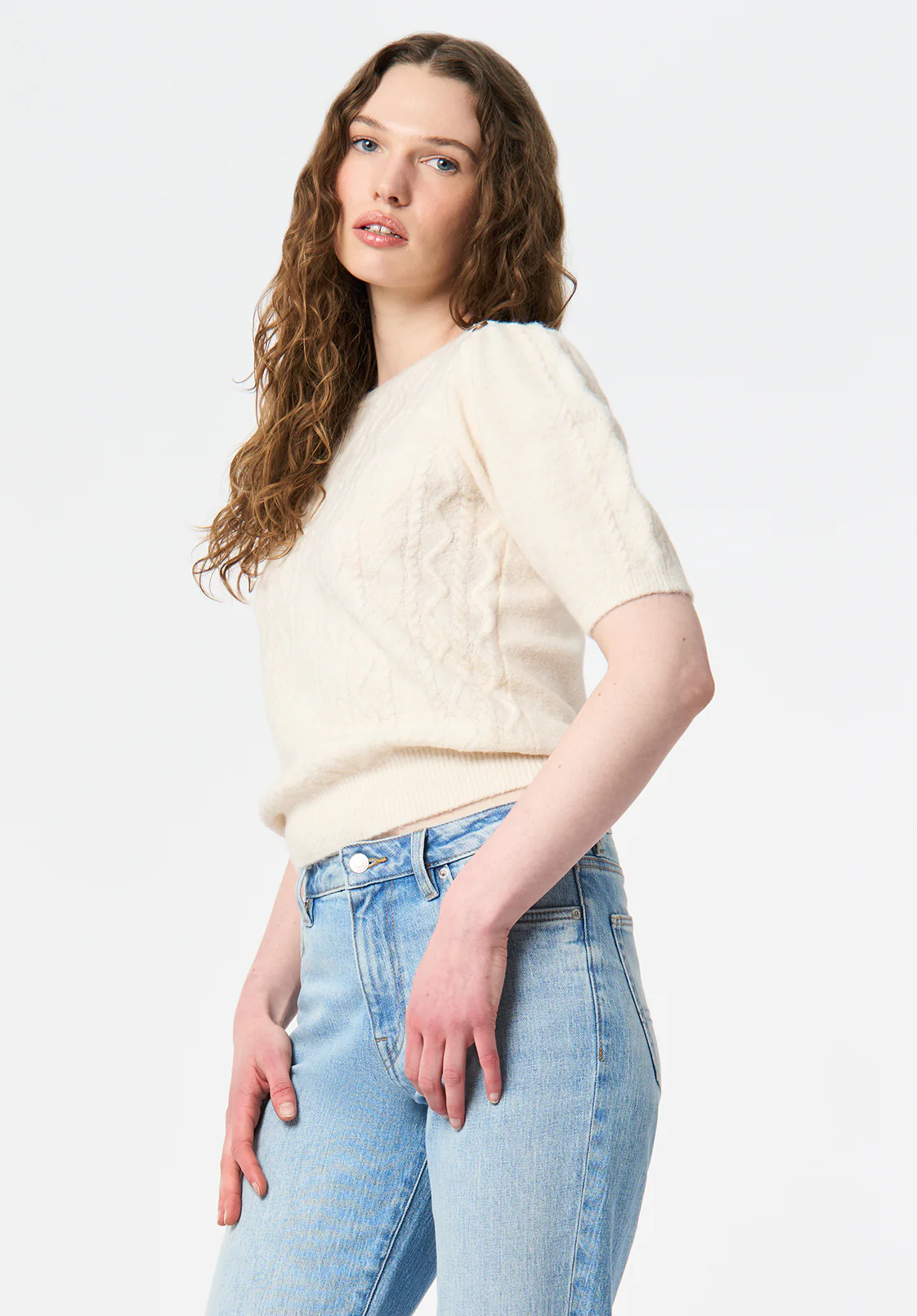 Winsome Women's Short Sleeve Cable Knit Sweater, Marshmallow - SW0151 - Image 3