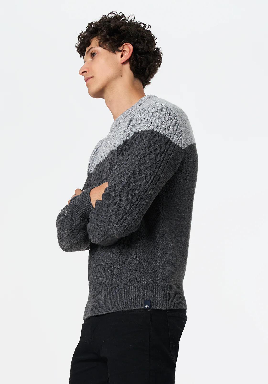 Wintor Men's Colorblock Cable Knit Sweater, Heather Grey - BM24748 - Image 3