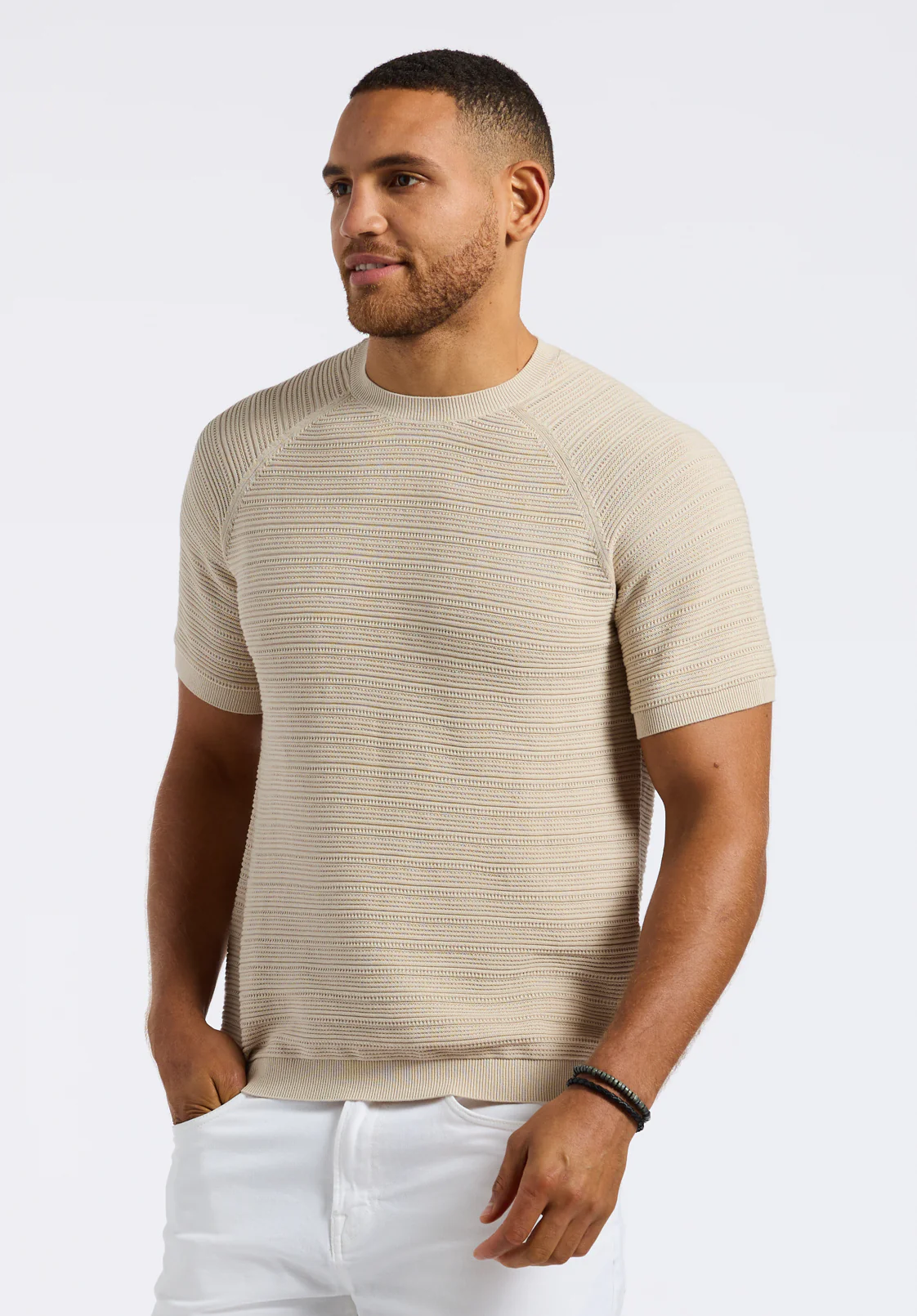 Wipped Men's Short Sleeve Textured Knit Sweater, Buttercream - BM24533 - Image 3
